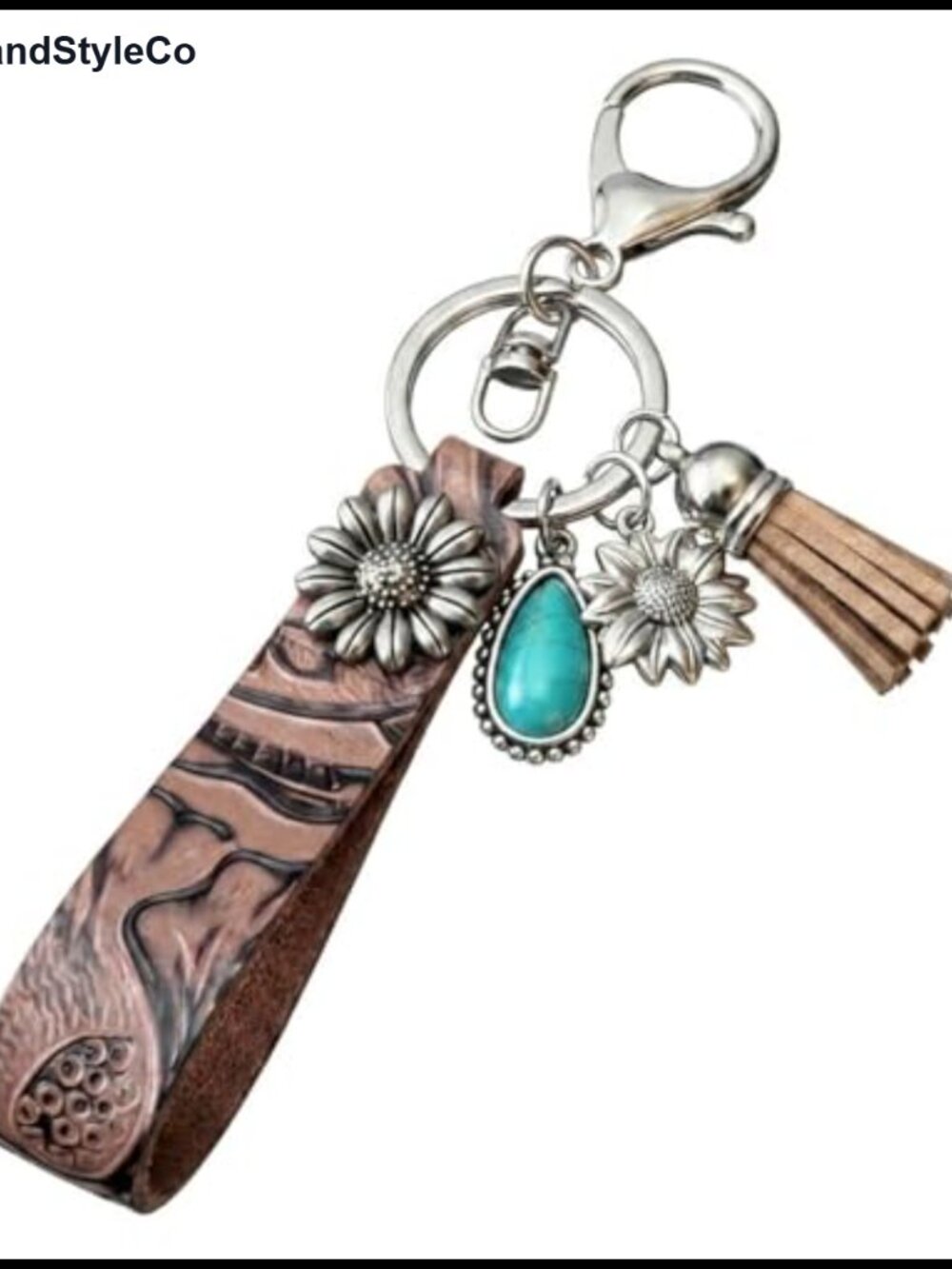 Western Keychain Leather Tassel Flower Boho Bag Charm Wristlet Lobster Clasp